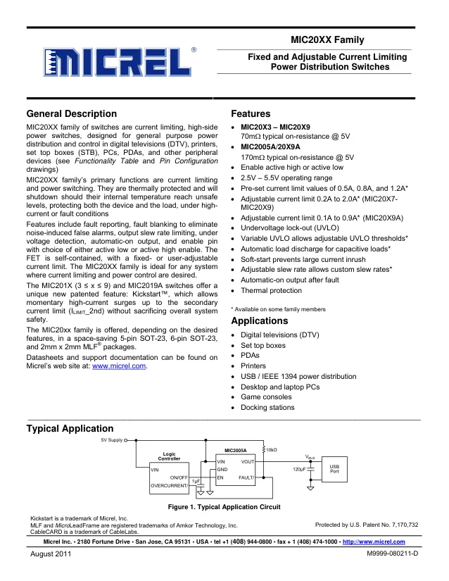 MIC2004-0.5YM5-TR, Power Switch Hi Side 1-OUT 0A 70mOhm 5-Pin SOT-23 T/R - Переключатели распределения питания, драйверы нагрузки файл 1
