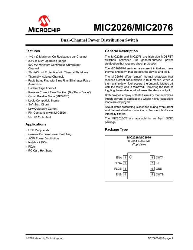 MIC2026-2YM, USB Power Switch Dual 5.5V 0.9A 8-Pin SOIC N Tube - Переключатели распределения питания, драйверы нагрузки файл 1