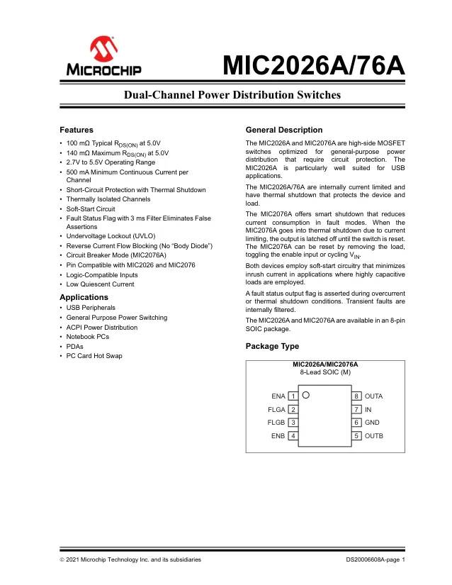 MIC2026A-1YM-TR, USB Power Switch Dual 5.5V 0.7A 8-Pin SOIC N T/R - Переключатели распределения питания, драйверы нагрузки файл 1