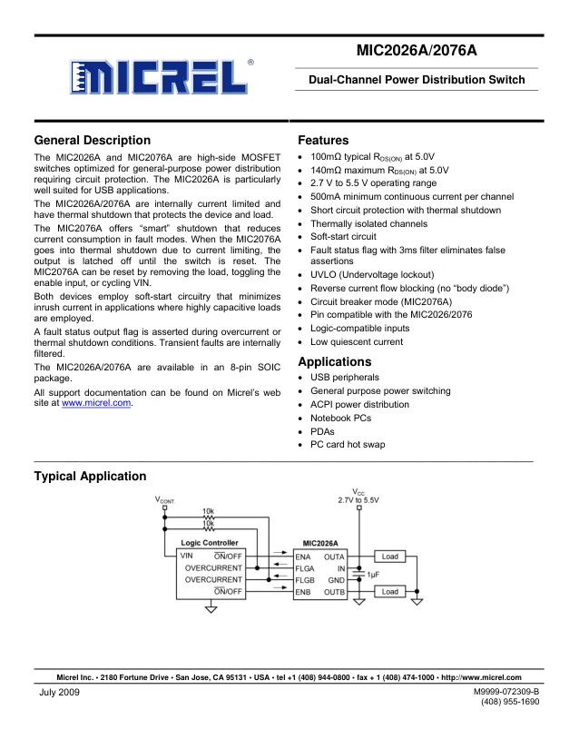 MIC2026A-2YM, IC: power switch; high-side; 0.5A; Ch: 2; MOSFET; SMD; SO8; tube - Переключатели распределения питания, драйверы нагрузки файл 1