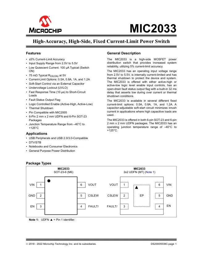 MIC2033-05AYM6-TR, Hi Side Single 5.5V 0.5A 6-Pin SOT-23 T/R - Переключатели распределения питания, драйверы нагрузки файл 1