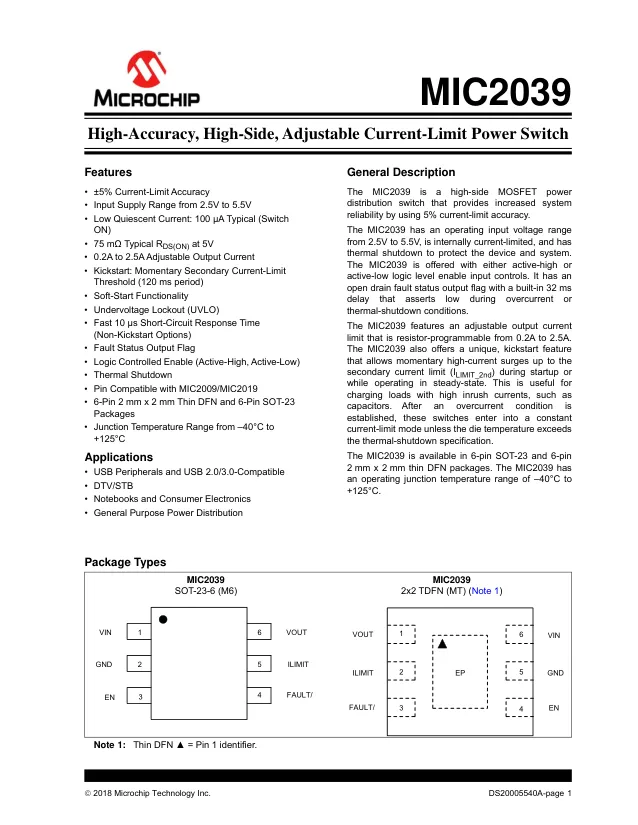 MIC2039AYM6-TR, USB Power Switch Single 5.5V 0.2A to 2.5A 6-Pin SOT-23 T/R - Переключатели распределения питания, драйверы нагрузки файл 1