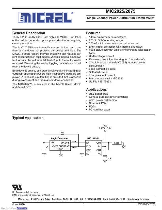 MIC2075-1YM, USB Power Switch Single 5.5V 0.7A 8-Pin SOIC N Tube - Переключатели распределения питания, драйверы нагрузки файл 1