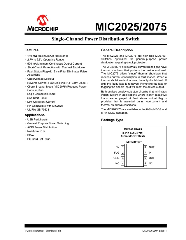 MIC2075-1YMM-TR, USB Power Switch Single 5.5V 0.7A 8-Pin MSOP T/R - Переключатели распределения питания, драйверы нагрузки файл 1