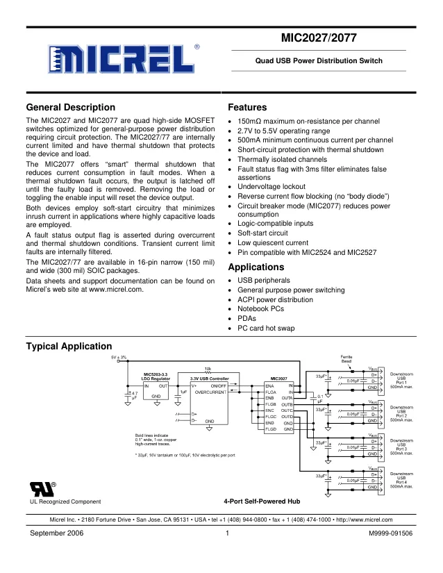 MIC2077-1YM, USB Power Switch Quad 5.5V 0.9A 16-Pin SOIC N Tube - Переключатели распределения питания, драйверы нагрузки файл 1