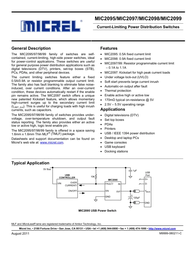 MIC2097-1YMT-TR, Power Switch ICs - Power Distribution Current Limiting, High-Side Power Switch with Kickstart - Переключатели распределения питания, драйверы нагрузки файл 1