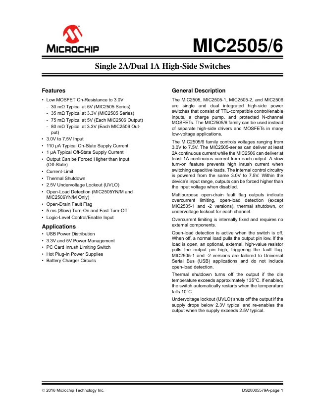 MIC2505-1YM, USB Power Switch Single 7.5V 4A 8-Pin SOIC N Tube - Переключатели распределения питания, драйверы нагрузки файл 1