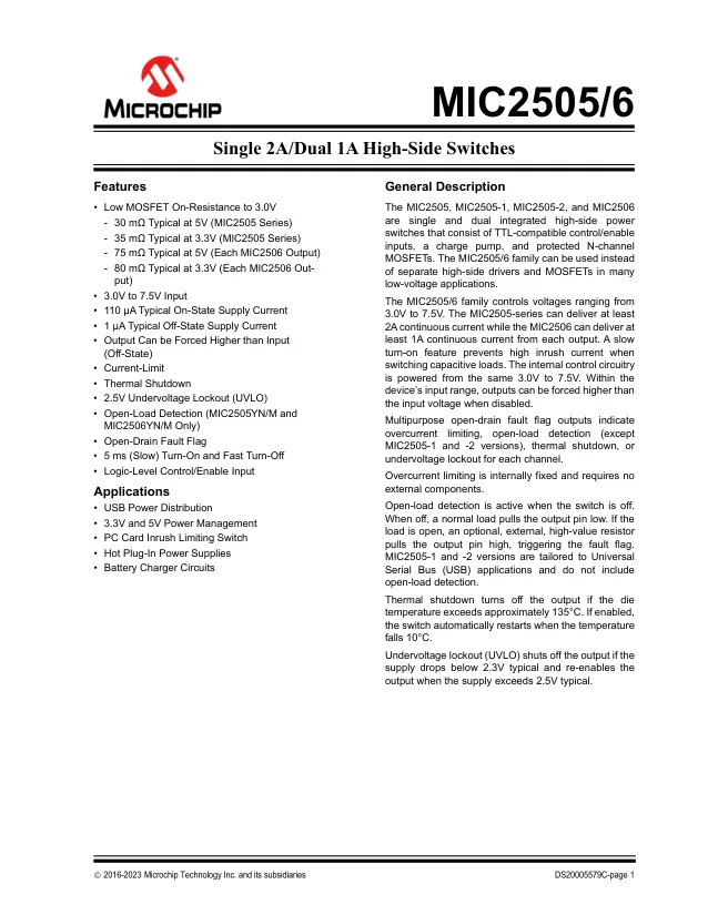 MIC2505-2YM, IC: power switch; high-side; 2A; Ch: 1; MOSFET; SMD; SO8; tube - Переключатели распределения питания, драйверы нагрузки файл 1