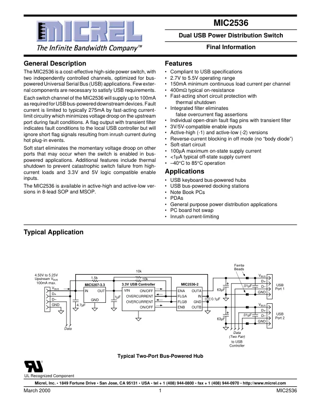 MIC2536-2YM, Power Switch ICs - Power Distribution Dual USB Switch - Переключатели распределения питания, драйверы нагрузки файл 1