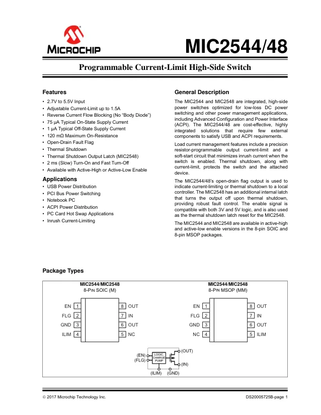 MIC2544-2YM, USB Power Switch Single 5.5V 0.1A to 1.5A 8-Pin SOIC N Tube - Переключатели распределения питания, драйверы нагрузки файл 1