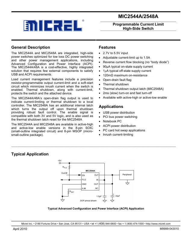 MIC2544A-1YM, Power Switch ICs - Power Distribution Programmable Current Limit High-Side Switch - Переключатели распределения питания, драйверы нагрузки файл 1