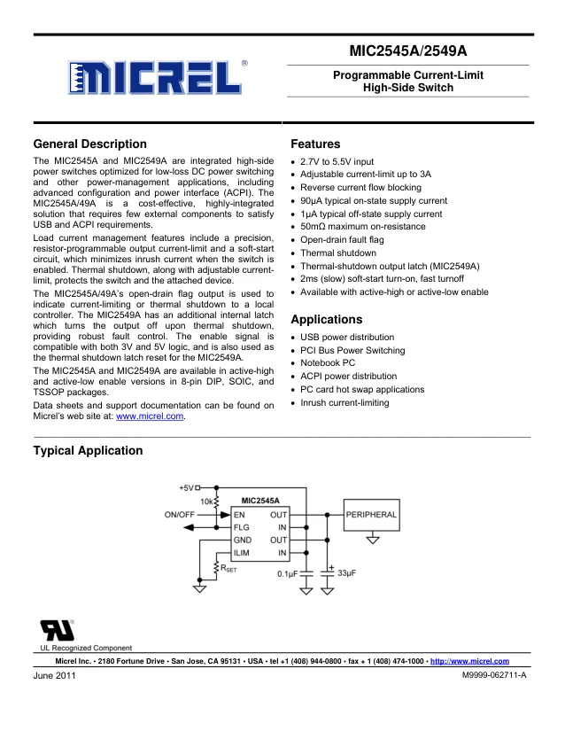 MIC2545A-1YM, USB Power Switch Single 5.5V 0.5A to 3A 8-Pin SOIC N Tube - Переключатели распределения питания, драйверы нагрузки файл 1