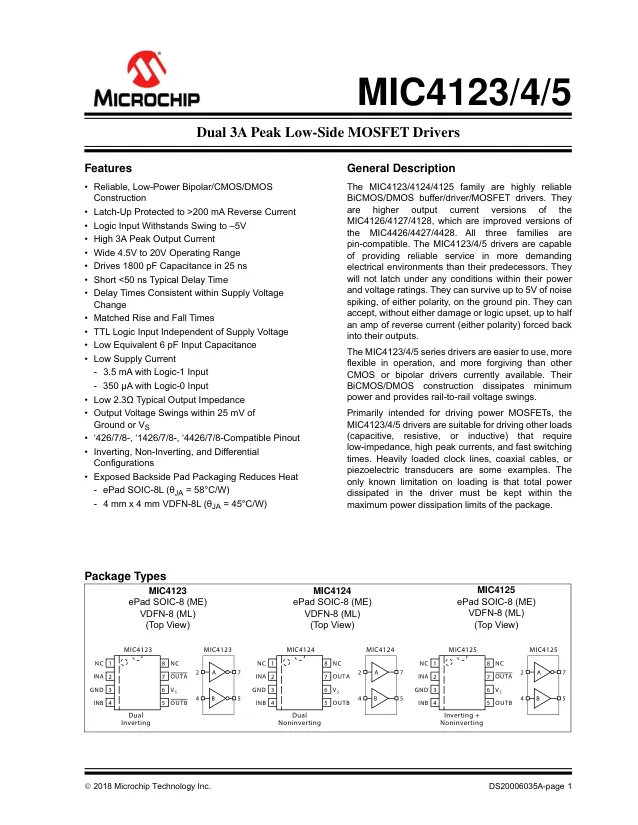 MIC4123YME-TR, Gate Drivers Improved 3A Dual High Speed MOSFET Driver (Inverting) - Переключатели распределения питания, драйверы нагрузки файл 1