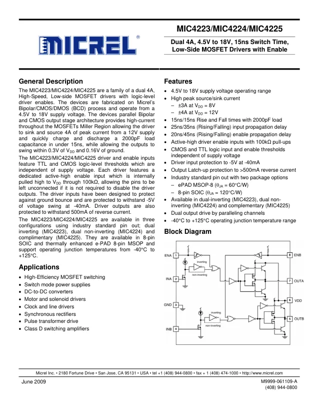 MIC4224YMME-TR, Gate Drivers 4A Low Side Dual Non-Inv Gate Drvr, MSOP-8 - Переключатели распределения питания, драйверы нагрузки файл 1