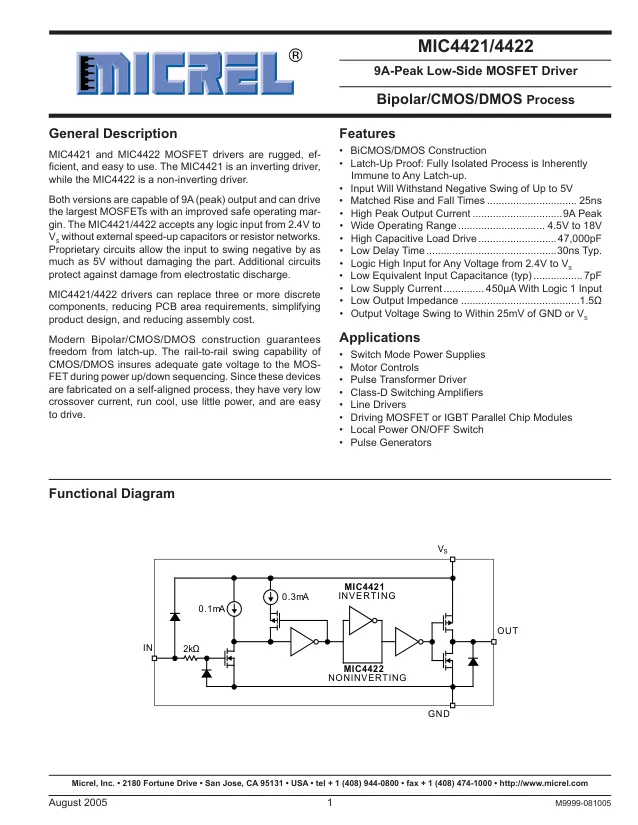 MIC4421YM,MOSFET Driver, Low Side, 4.5V to 18V Supply, 9A Out, 35ns Delay, SOIC-8 - Переключатели распределения питания, драйверы нагрузки файл 1