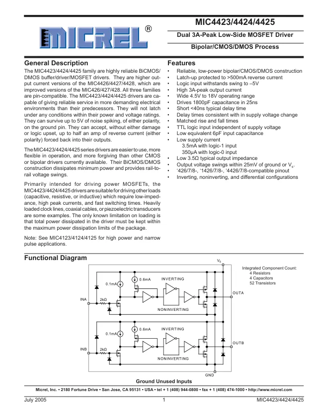 MIC4423ZN,MOSFET Driver, Low Side, Bipolar/CMOS/DMOS, 4.5V to 18V Supply, 3A Out, DIP-8 - Переключатели распределения питания, драйверы нагрузки файл 1
