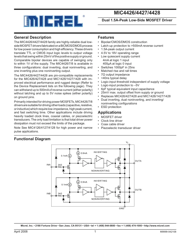 MIC4426YMM-TR, Driver 0.025V 1.5A 2-OUT Low Side Inv 8-Pin MSOP T/R - Переключатели распределения питания, драйверы нагрузки файл 1