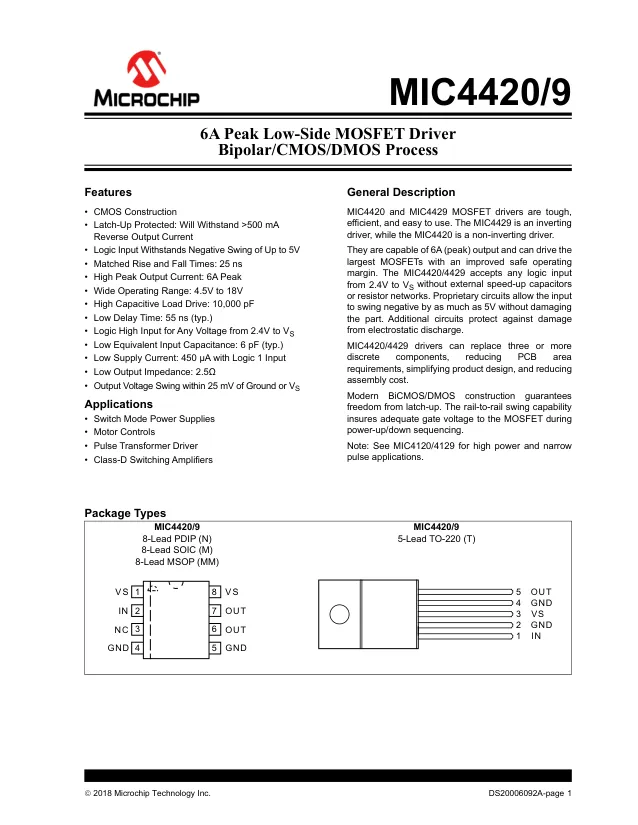 MIC4429ZT, Gate Drivers 6A Low Side Single Non-Inv Gate Drvr, TO-220 - Переключатели распределения питания, драйверы нагрузки файл 1