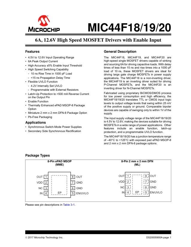 MIC44F18YML-TR, Gate Drivers 6A High Speed MOSFET Drivers - Переключатели распределения питания, драйверы нагрузки файл 1