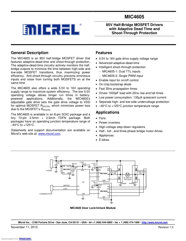 MIC4605-1YM-TR,MOSFET Driver, Half-Bridge, 85V, Dual Input, SOIC-8, -40 °C to 125 °C - Переключатели распределения питания, драйверы нагрузки файл 1