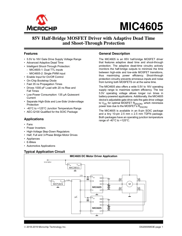 MIC4605-2YM-TR, Gate Drivers 85V Half Bridge MOSFET Driver - Переключатели распределения питания, драйверы нагрузки файл 1