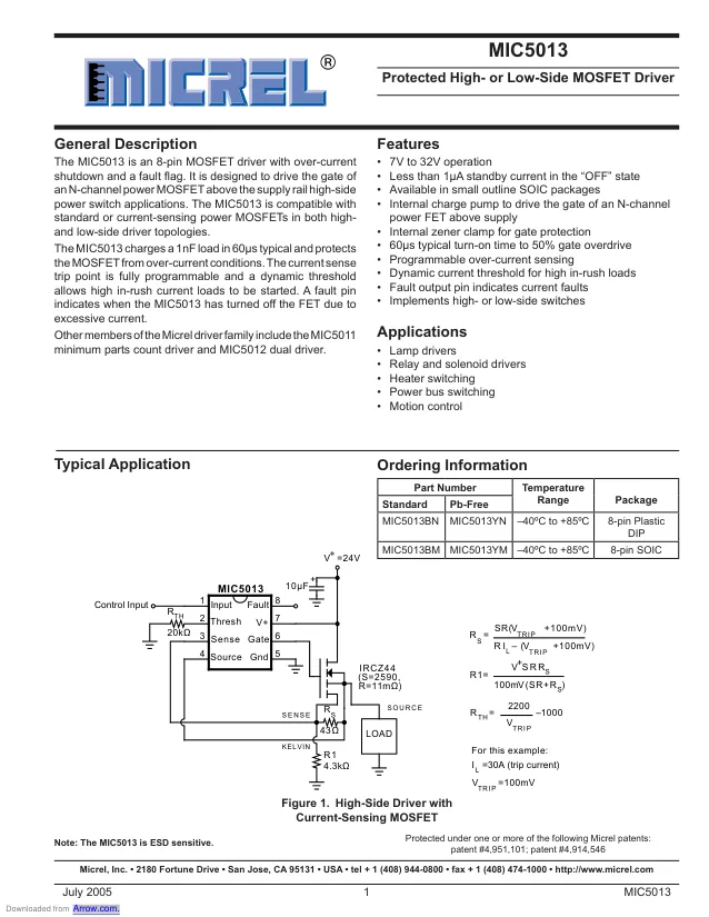MIC5013YM-TR, Driver 0.225A 1-OUT High Side/Low Side Half Brdg Non-Inv 8-Pin SOIC N T/R - Переключатели распределения питания, драйверы нагрузки файл 1