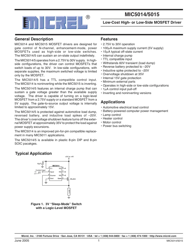MIC5014YM-TR,MOSFET-N Driver, High Side or Low Side, 2.75V to 30V Supply, 2.5ms/6µs Turn On/Off, SOIC-8 - Переключатели распределения питания, драйверы нагрузки файл 1