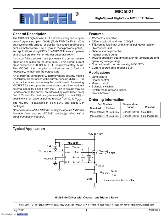 MIC5021YM-TR,MOSFET Driver, High Side, 12V to 36V Supply, 100kHz, 800ns Delay, 500ns Rise/Fall, SOIC-8 - Переключатели распределения питания, драйверы нагрузки файл 1