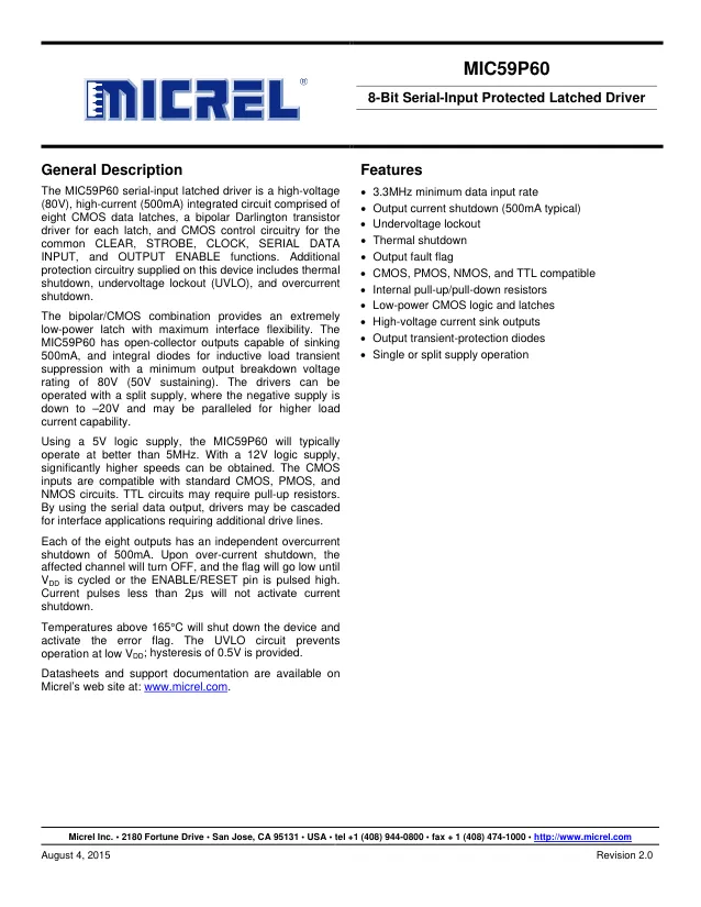 MIC59P60YN, Shift Register/Latch/Driver Single 8-Bit Serial to Serial/Parallel 20-Pin PDIP Tube - Переключатели распределения питания, драйверы нагрузки файл 1