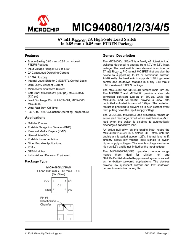 MIC94080YFT-TR, Power Switch Hi Side 1-OUT 2A 200mOhm 4-Pin FTDFN T/R - Переключатели распределения питания, драйверы нагрузки файл 1