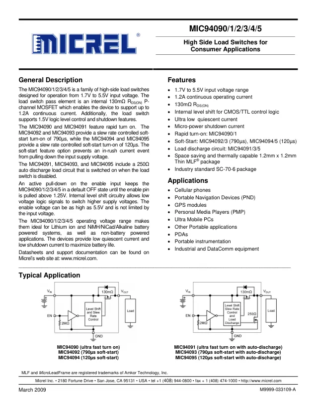 MIC94093YC6-TR, Power Switch Hi Side 1-OUT 1.2A 260mOhm 6-Pin SC-70 T/R - Переключатели распределения питания, драйверы нагрузки файл 1
