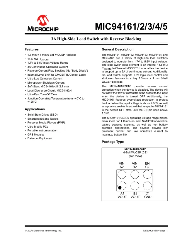 MIC94164YCS-TR, Power Switch Hi Side 1-OUT 3A 40mOhm 6-Pin WLCSP T/R - Переключатели распределения питания, драйверы нагрузки файл 1