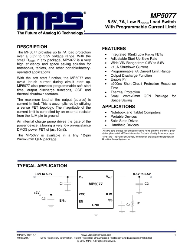 MP5077GG-Z, Power Switch ICs - Power Distribution 5.5V, 7.5A, Switch w/ Current Limit - Переключатели распределения питания, драйверы нагрузки файл 1
