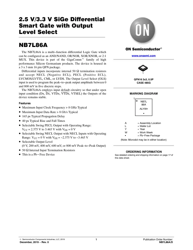 NB7L86AMNG, Logic Gates SIGE DIFFERENTIAL SMART GATE WITH OUTPUT LEVEL SELECT - Переключатели распределения питания, драйверы нагрузки файл 1
