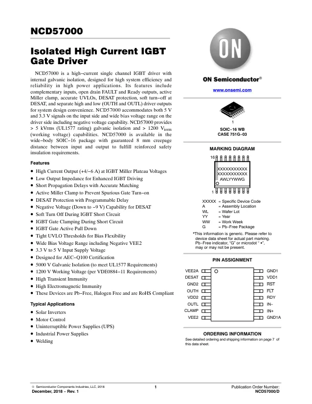 NCD57000DWR2G, Galvanically Isolated Gate Drivers GALVANIC ISOLATED HIGH CURRENT IGBT GATE DRIVER - Переключатели распределения питания, драйверы нагрузки файл 1