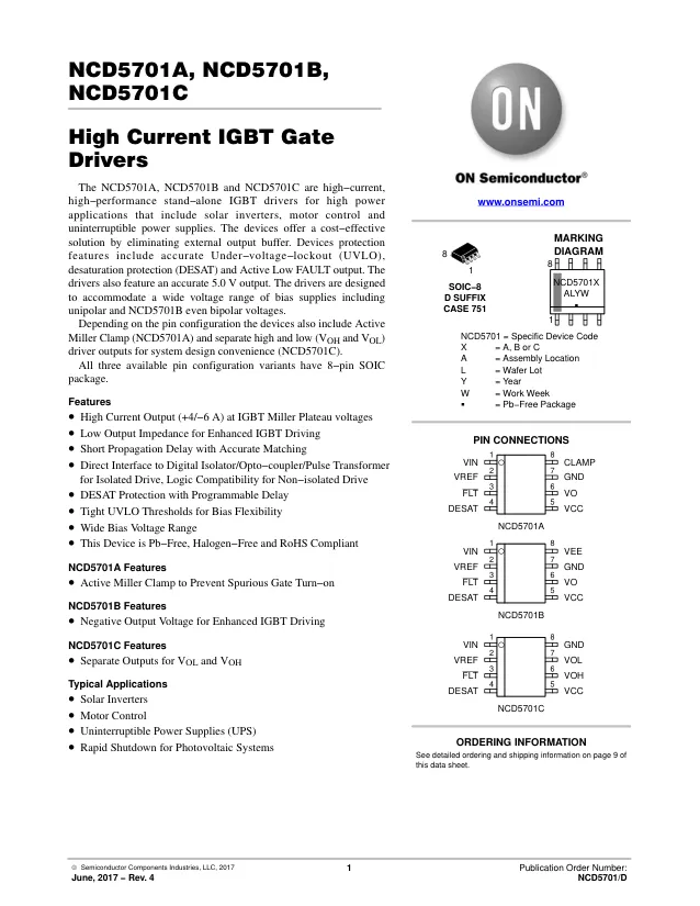 NCD5701CDR2G, Gate Drivers HIGH CURRENT IGBT GATE DRIVER - Переключатели распределения питания, драйверы нагрузки файл 1