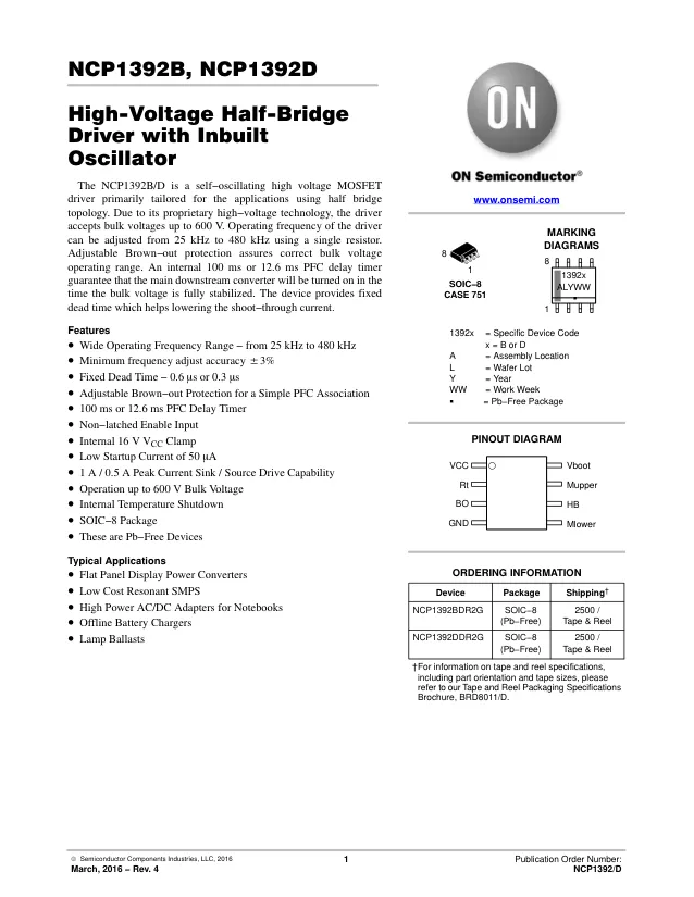 NCP1392DDR2G, Gate Drivers HV HALF-BRIDGE DRIVER - Переключатели распределения питания, драйверы нагрузки файл 1