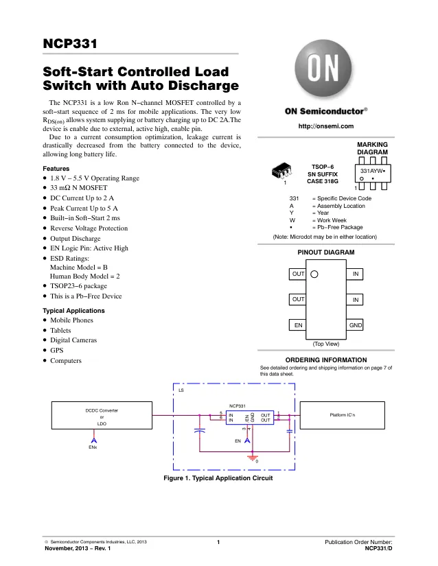 NCP331SNT1G, Power Switch Hi Side 1-OUT 2A 33mOhm 6-Pin TSOP T/R - Переключатели распределения питания, драйверы нагрузки файл 1
