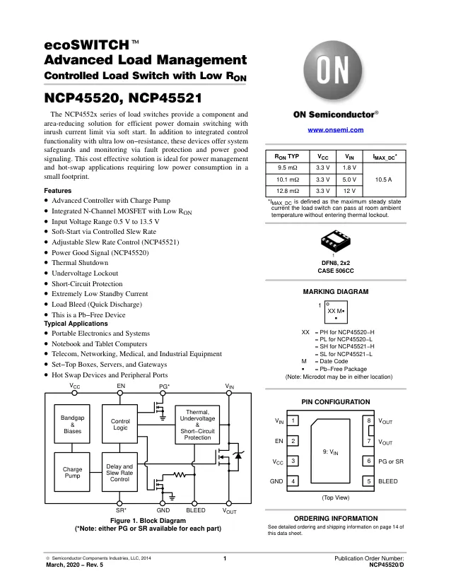 NCP45521IMNTWG-H, Current Limit SW 1-IN 1-OUT 0.5V to 13.5V 10.5A 8-Pin DFN EP T/R - Переключатели распределения питания, драйверы нагрузки файл 1