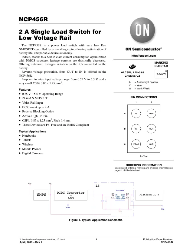 NCP456RFCCT2G, Power Switch ICs - Power Distribution 2A SINGLELOAD SWITCH - Переключатели распределения питания, драйверы нагрузки файл 1
