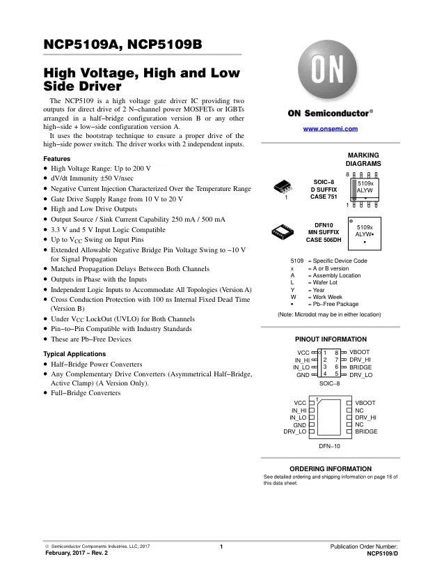 NCP5109ADR2G, Gate Drivers HIGH VOLT MOSFET DRIVER - Переключатели распределения питания, драйверы нагрузки файл 1