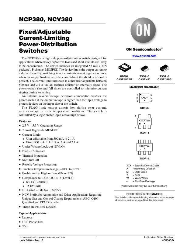 NCV380HMUAJAATBG, DIST Single 5.5V 0.5A to 2.1A 6-Pin UDFN EP T/R Automotive AEC-Q100 - Переключатели распределения питания, драйверы нагрузки файл 1