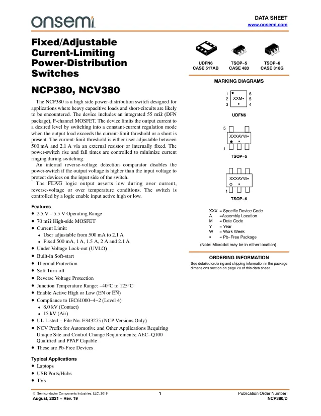 NCV380LMUAJAATBG, Power Switch ICs - Power Distribution SINGLE OCP - Переключатели распределения питания, драйверы нагрузки файл 1
