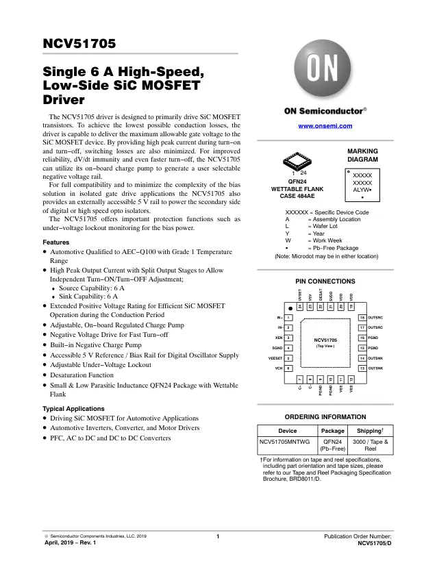 NCV51705MNTWG, Gate Drivers Automotive SiC MOSFET Driver, Low-Side, Single 6 A High-Speed Automotive Qual - Переключатели распределения питания, драйверы нагрузки файл 1