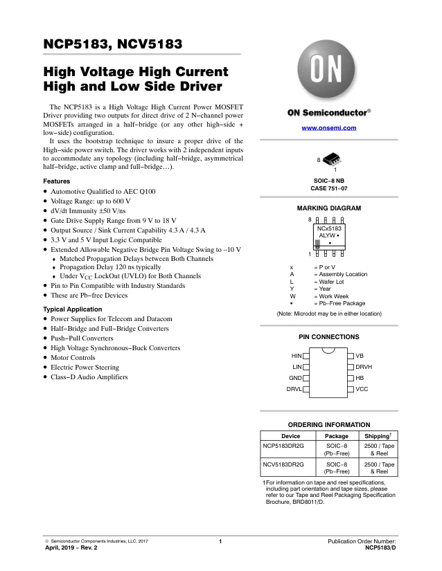 NCV5183DR2G, Gate Drivers HIGH AND LOW SIDE DRIVER - Переключатели распределения питания, драйверы нагрузки файл 1