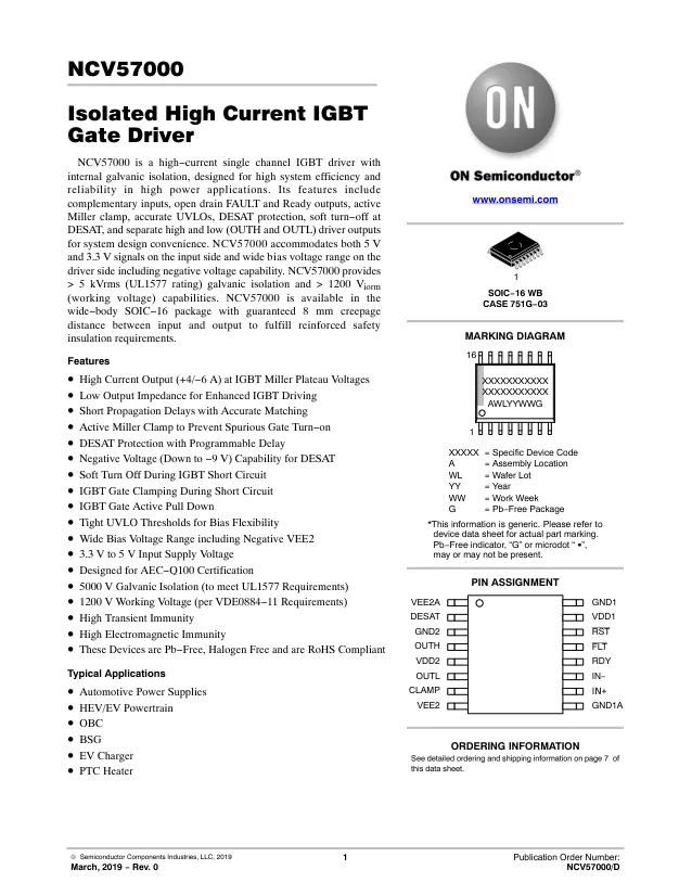 NCV57000DWR2G, Galvanically Isolated Gate Drivers IGBT gate driver - Переключатели распределения питания, драйверы нагрузки файл 1