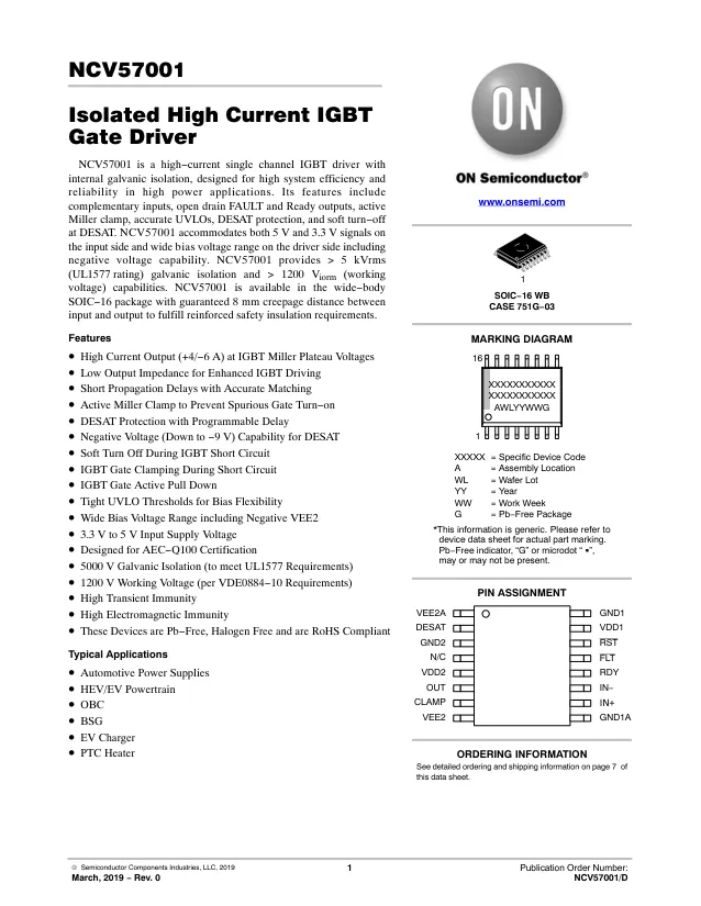 NCV57001DWR2G, Galvanically Isolated Gate Drivers IGBT gate driver - Переключатели распределения питания, драйверы нагрузки файл 1