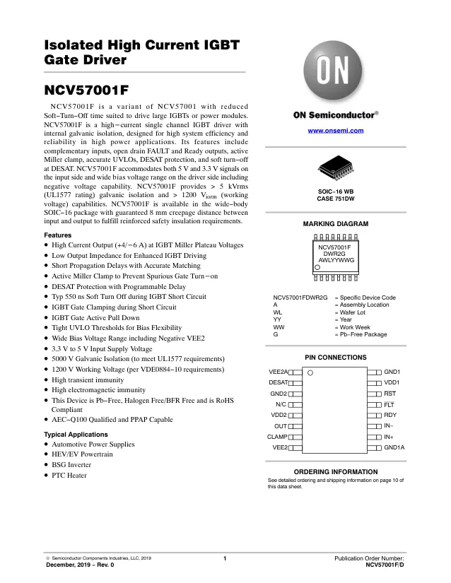 NCV57001FDWR2G, Galvanically Isolated Gate Drivers ISOLATED HIGH CURRENT IGBT GATE DRIVER WITH FAST STO - Переключатели распределения питания, драйверы нагрузки файл 1