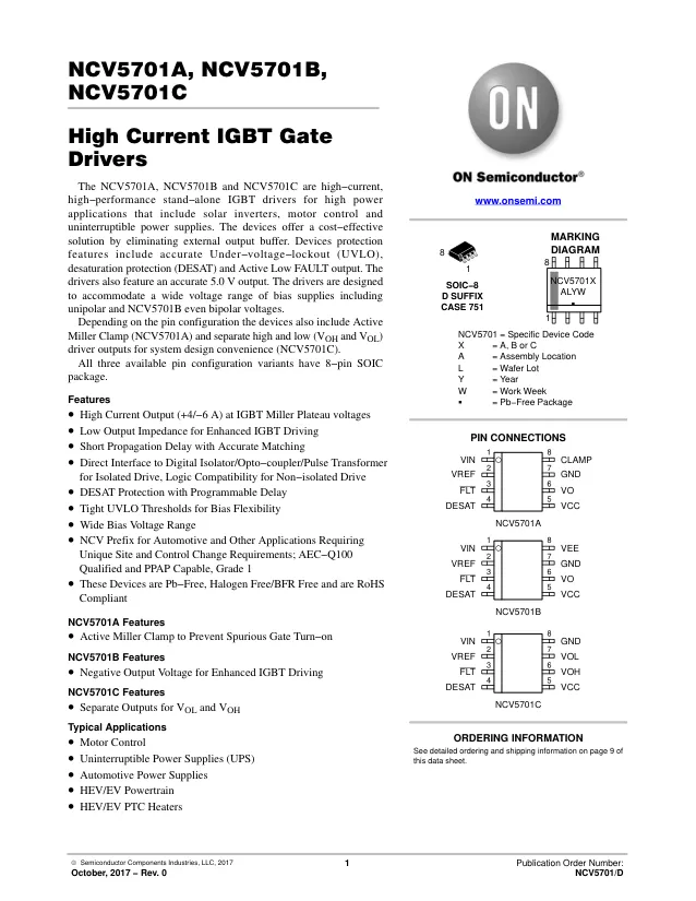 NCV5701ADR2G, Gate Drivers HIGH CURRENT IGBT GATE DR - Переключатели распределения питания, драйверы нагрузки файл 1