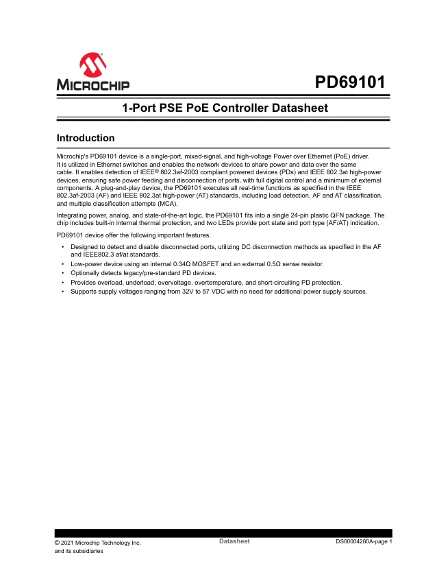 PD69101ILQ-TR, Power Switch ICs - POE / LAN Single Port High Volt 24 pin - Переключатели распределения питания, драйверы нагрузки файл 1